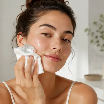 A woman gently pressing an ice cube wrapped in a white cloth against her cheek in a bright, minimal bathroom, fresh dewy skin, soft morning light.yes or no to ice facials for puffiness featured image.