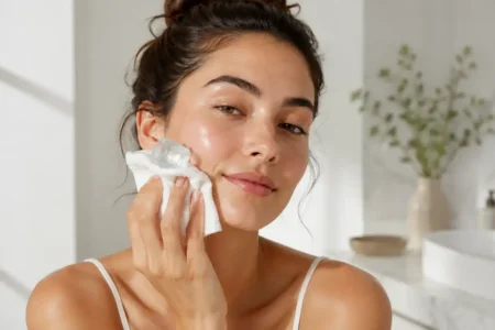 A woman gently pressing an ice cube wrapped in a white cloth against her cheek in a bright, minimal bathroom, fresh dewy skin, soft morning light.yes or no to ice facials for puffiness featured image.