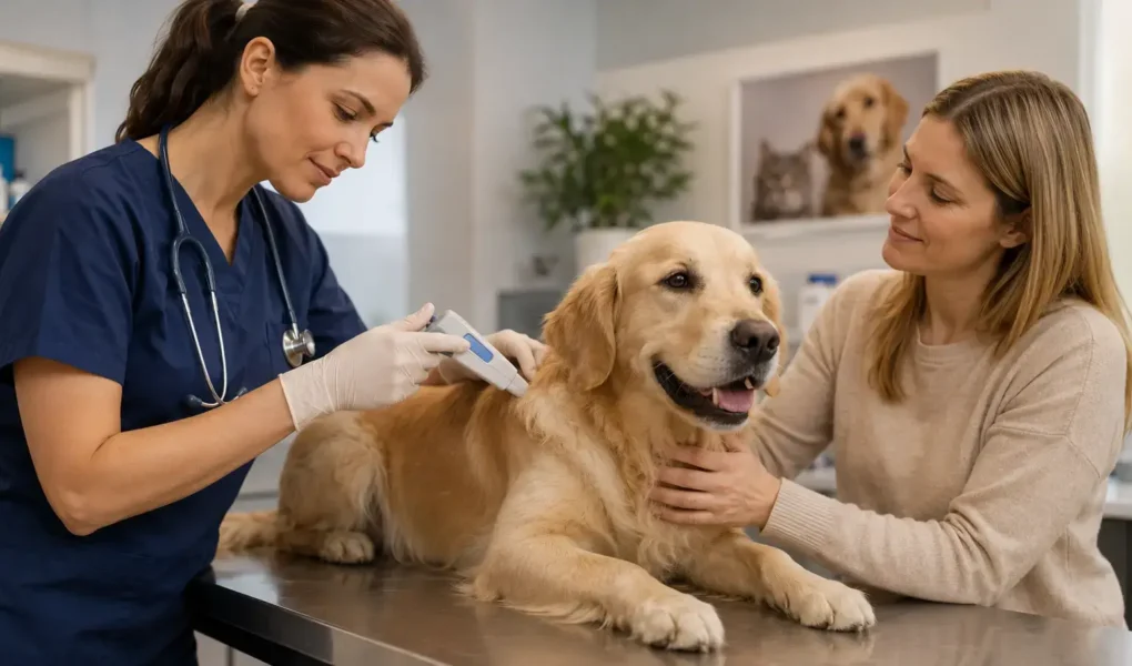 A veterinarian gently microchipping a calm dog on an exam table, warm clinical lighting, a pet owner visible reassuring the dog nearby.yes or no to microchipping your pet featured image.