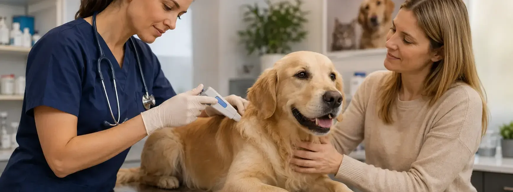 A veterinarian gently microchipping a calm dog on an exam table, warm clinical lighting, a pet owner visible reassuring the dog nearby.yes or no to microchipping your pet featured image.