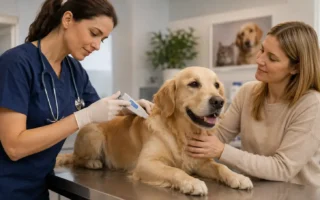 A veterinarian gently microchipping a calm dog on an exam table, warm clinical lighting, a pet owner visible reassuring the dog nearby.yes or no to microchipping your pet featured image.