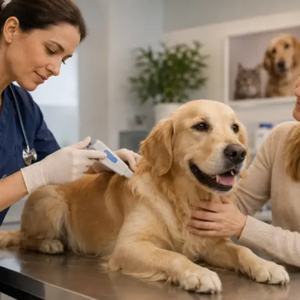 A veterinarian gently microchipping a calm dog on an exam table, warm clinical lighting, a pet owner visible reassuring the dog nearby.yes or no to microchipping your pet featured image.