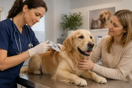 A veterinarian gently microchipping a calm dog on an exam table, warm clinical lighting, a pet owner visible reassuring the dog nearby.yes or no to microchipping your pet featured image.