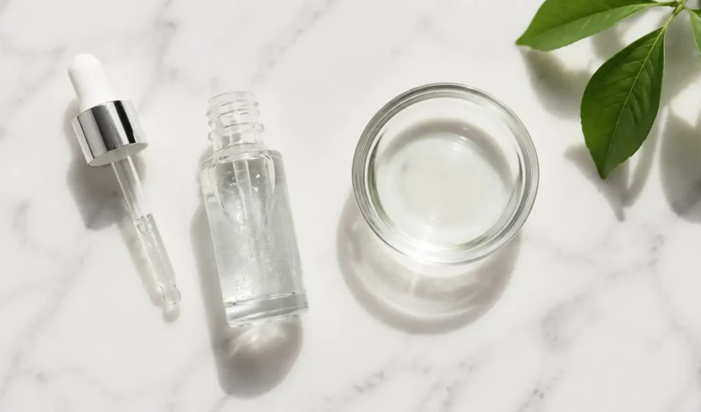 Niacinamide serum bottle with dropper and water bowl on a clean marble surface in minimal skincare style — niacinamide serum for oily skin routine - yes or no to niacinamide for oily skin.