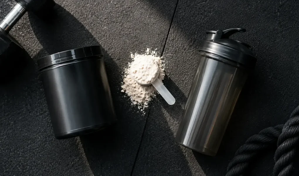 Top-down flat lay of a pre-workout supplement tub, a scoop of powder, and a shaker bottle on a dark gym floor under natural light — pre-workout supplement powder and shaker bottle - yes or no to pre-workout for fat loss.
