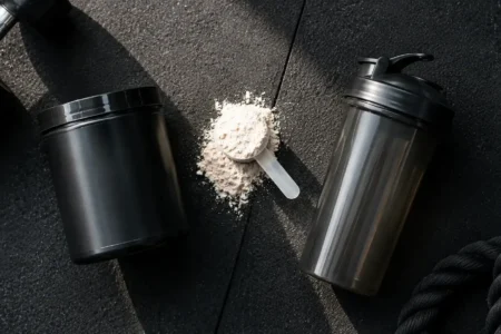 Top-down flat lay of a pre-workout supplement tub, a scoop of powder, and a shaker bottle on a dark gym floor under natural light — pre-workout supplement powder and shaker bottle - yes or no to pre-workout for fat loss.