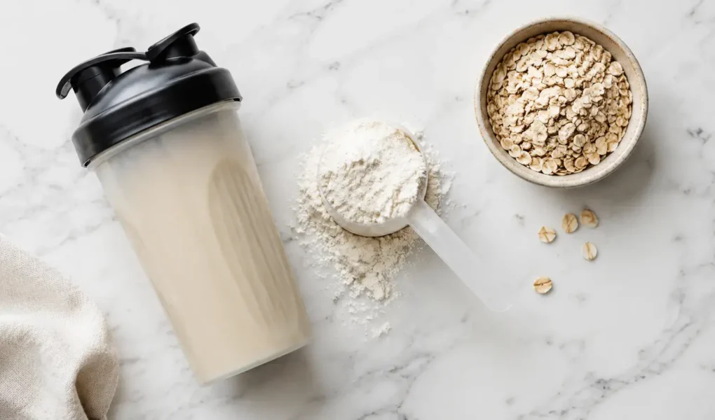 Protein shake powder with a shaker bottle and oats on a clean marble surface under bright natural light — protein shake powder and whole food protein sources - yes or no to protein shakes daily.
