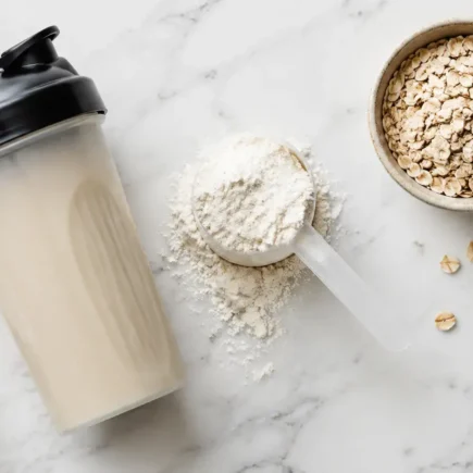 Protein shake powder with a shaker bottle and oats on a clean marble surface under bright natural light — protein shake powder and whole food protein sources - yes or no to protein shakes daily.