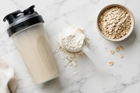 Protein shake powder with a shaker bottle and oats on a clean marble surface under bright natural light — protein shake powder and whole food protein sources - yes or no to protein shakes daily.