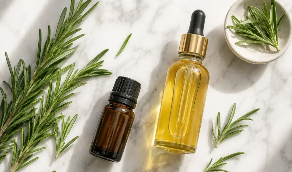 A flat lay of a small bottle of rosemary essential oil, fresh rosemary sprigs, and a dropper bottle of jojoba carrier oil on a light marble surface. Soft natural lighting, minimal editorial style. No text overlays.yes or no to rosemary oil for hair growth.