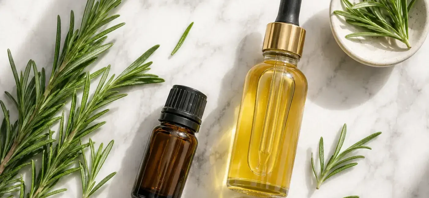 A flat lay of a small bottle of rosemary essential oil, fresh rosemary sprigs, and a dropper bottle of jojoba carrier oil on a light marble surface. Soft natural lighting, minimal editorial style. No text overlays.yes or no to rosemary oil for hair growth.