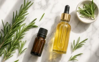 A flat lay of a small bottle of rosemary essential oil, fresh rosemary sprigs, and a dropper bottle of jojoba carrier oil on a light marble surface. Soft natural lighting, minimal editorial style. No text overlays.yes or no to rosemary oil for hair growth.