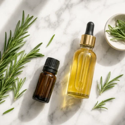 A flat lay of a small bottle of rosemary essential oil, fresh rosemary sprigs, and a dropper bottle of jojoba carrier oil on a light marble surface. Soft natural lighting, minimal editorial style. No text overlays.yes or no to rosemary oil for hair growth.