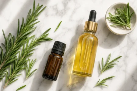 A flat lay of a small bottle of rosemary essential oil, fresh rosemary sprigs, and a dropper bottle of jojoba carrier oil on a light marble surface. Soft natural lighting, minimal editorial style. No text overlays.yes or no to rosemary oil for hair growth.