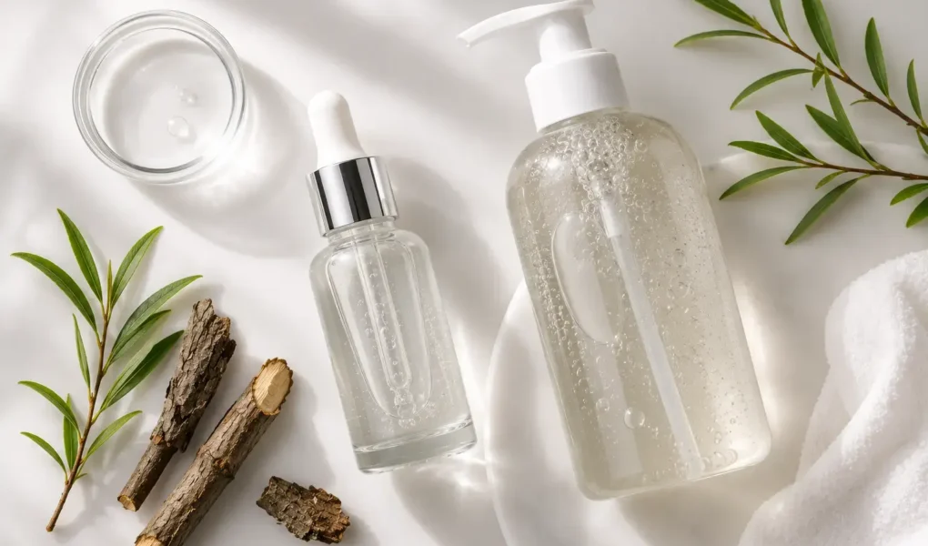 A flat lay of a salicylic acid serum bottle and a gentle cleanser on a soft white background with a few willow bark sprigs beside them. Clean, minimal, editorial lighting. No text overlays.