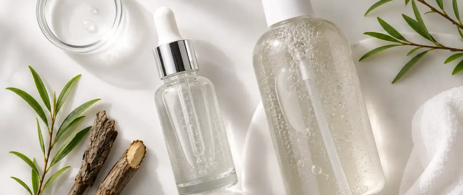 A flat lay of a salicylic acid serum bottle and a gentle cleanser on a soft white background with a few willow bark sprigs beside them. Clean, minimal, editorial lighting. No text overlays.