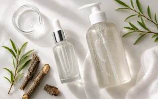 A flat lay of a salicylic acid serum bottle and a gentle cleanser on a soft white background with a few willow bark sprigs beside them. Clean, minimal, editorial lighting. No text overlays.