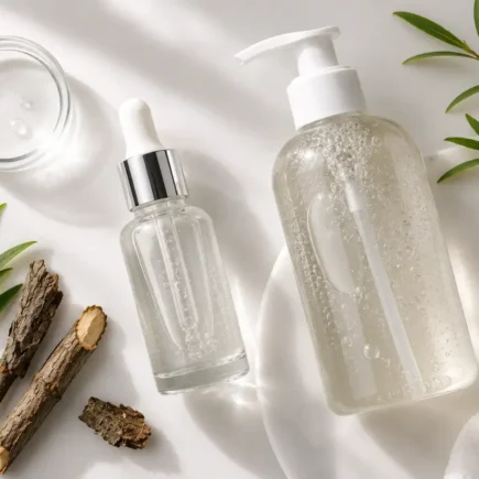 A flat lay of a salicylic acid serum bottle and a gentle cleanser on a soft white background with a few willow bark sprigs beside them. Clean, minimal, editorial lighting. No text overlays.