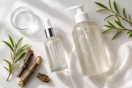 A flat lay of a salicylic acid serum bottle and a gentle cleanser on a soft white background with a few willow bark sprigs beside them. Clean, minimal, editorial lighting. No text overlays.