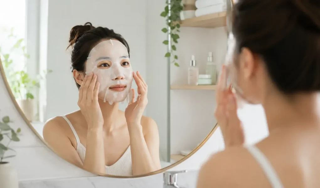 A person applying a hydrating sheet mask in a bright, clean bathroom mirror, soft natural light, minimal skincare shelf visible in the background.