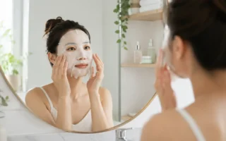 A person applying a hydrating sheet mask in a bright, clean bathroom mirror, soft natural light, minimal skincare shelf visible in the background.