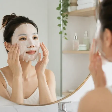 A person applying a hydrating sheet mask in a bright, clean bathroom mirror, soft natural light, minimal skincare shelf visible in the background.