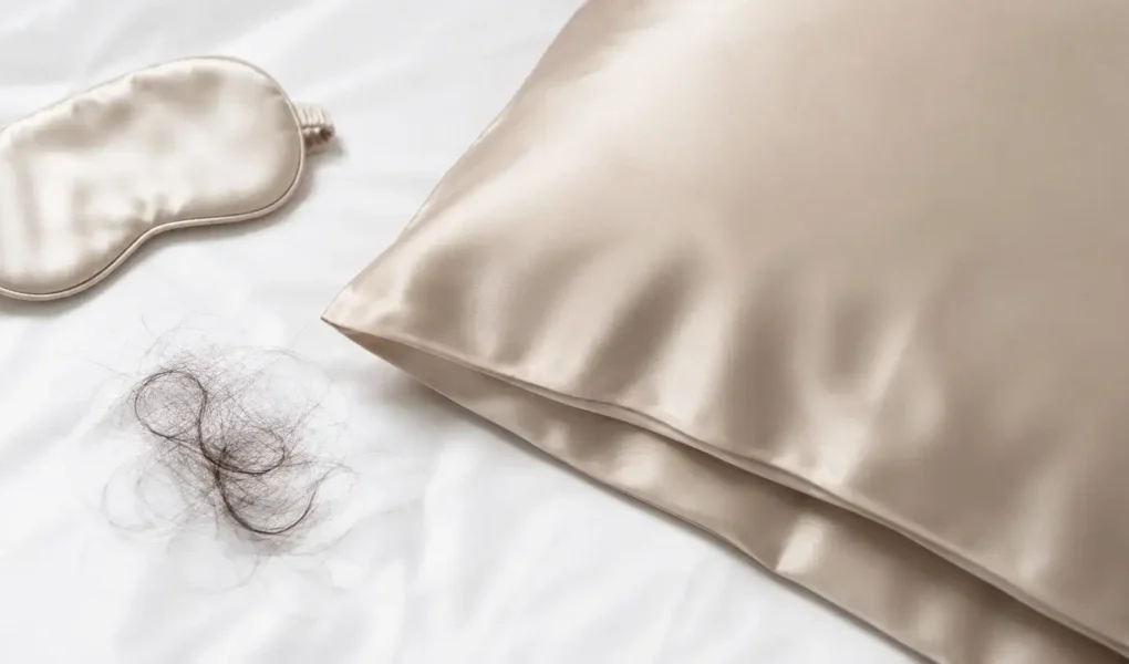 A flat lay of a silk pillowcase in a soft neutral color, a few strands of hair beside it, and a small satin sleep mask on a clean white surface. Soft natural lighting, minimal style. No text overlays.yes or no to silk pillowcases for hair fall