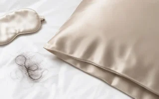 A flat lay of a silk pillowcase in a soft neutral color, a few strands of hair beside it, and a small satin sleep mask on a clean white surface. Soft natural lighting, minimal style. No text overlays.yes or no to silk pillowcases for hair fall