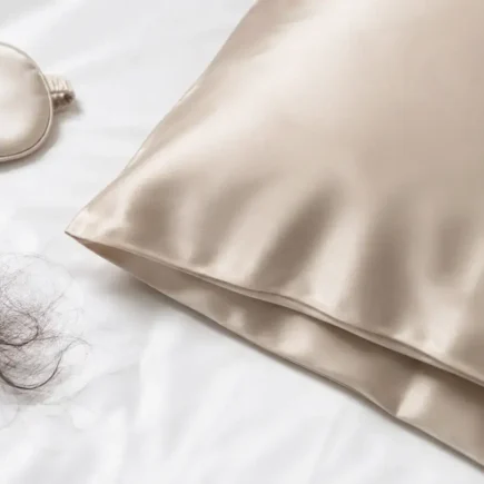 A flat lay of a silk pillowcase in a soft neutral color, a few strands of hair beside it, and a small satin sleep mask on a clean white surface. Soft natural lighting, minimal style. No text overlays.yes or no to silk pillowcases for hair fall