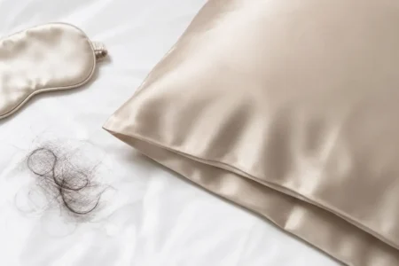 A flat lay of a silk pillowcase in a soft neutral color, a few strands of hair beside it, and a small satin sleep mask on a clean white surface. Soft natural lighting, minimal style. No text overlays.yes or no to silk pillowcases for hair fall