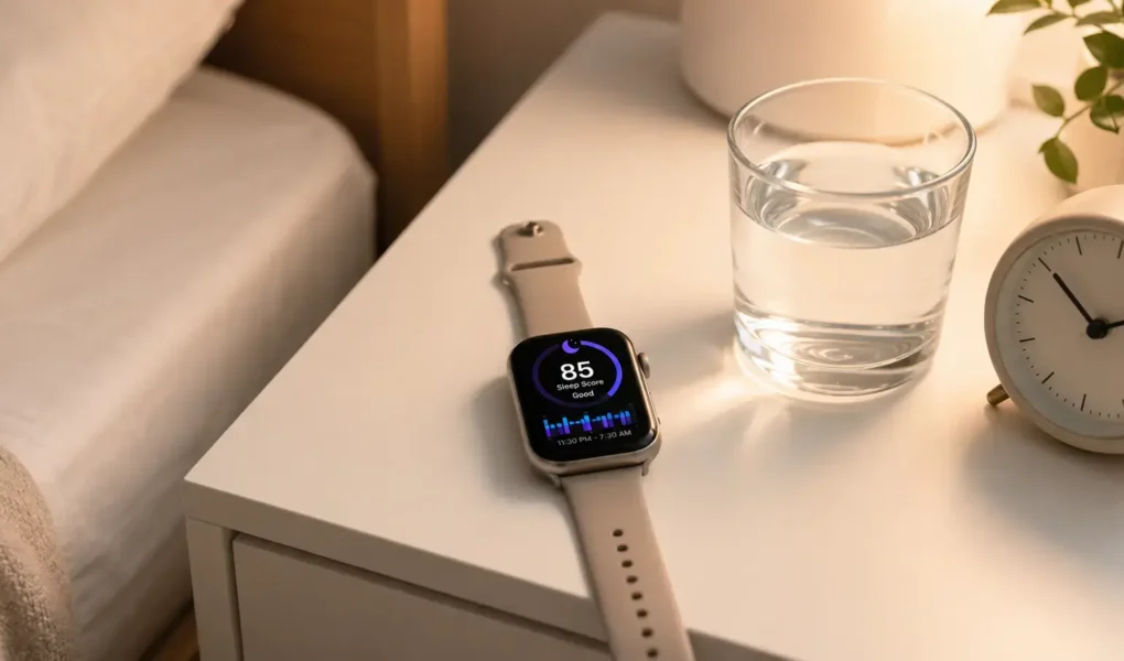 A flat lay of a smartwatch displaying a sleep score on a white bedside table alongside a glass of water and a small alarm clock. Soft warm lighting, minimal bedroom aesthetic. No text overlays.yes or no to sleep tracking devices.