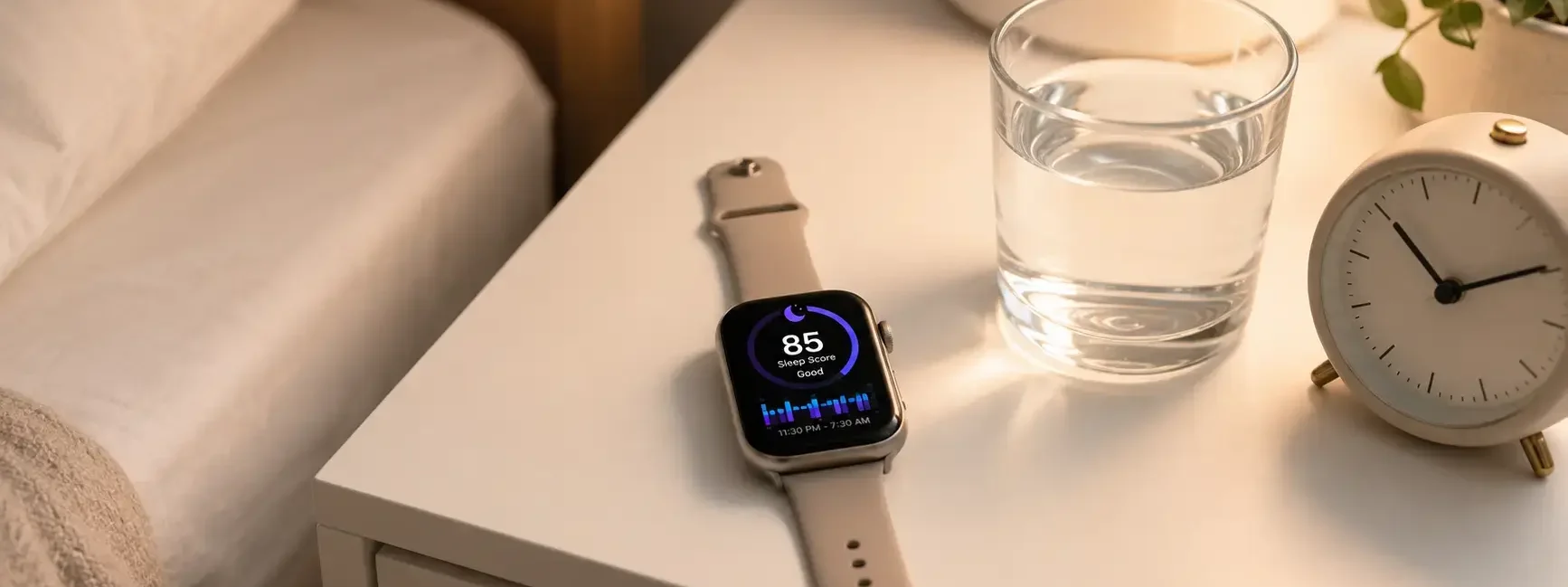A flat lay of a smartwatch displaying a sleep score on a white bedside table alongside a glass of water and a small alarm clock. Soft warm lighting, minimal bedroom aesthetic. No text overlays.yes or no to sleep tracking devices.