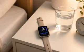 A flat lay of a smartwatch displaying a sleep score on a white bedside table alongside a glass of water and a small alarm clock. Soft warm lighting, minimal bedroom aesthetic. No text overlays.yes or no to sleep tracking devices.