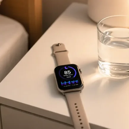 A flat lay of a smartwatch displaying a sleep score on a white bedside table alongside a glass of water and a small alarm clock. Soft warm lighting, minimal bedroom aesthetic. No text overlays.yes or no to sleep tracking devices.