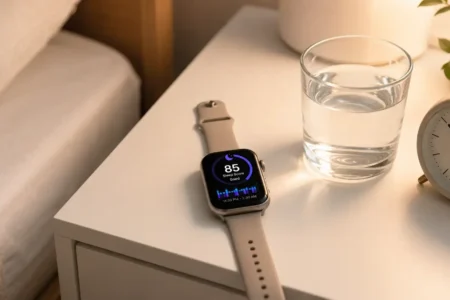 A flat lay of a smartwatch displaying a sleep score on a white bedside table alongside a glass of water and a small alarm clock. Soft warm lighting, minimal bedroom aesthetic. No text overlays.yes or no to sleep tracking devices.