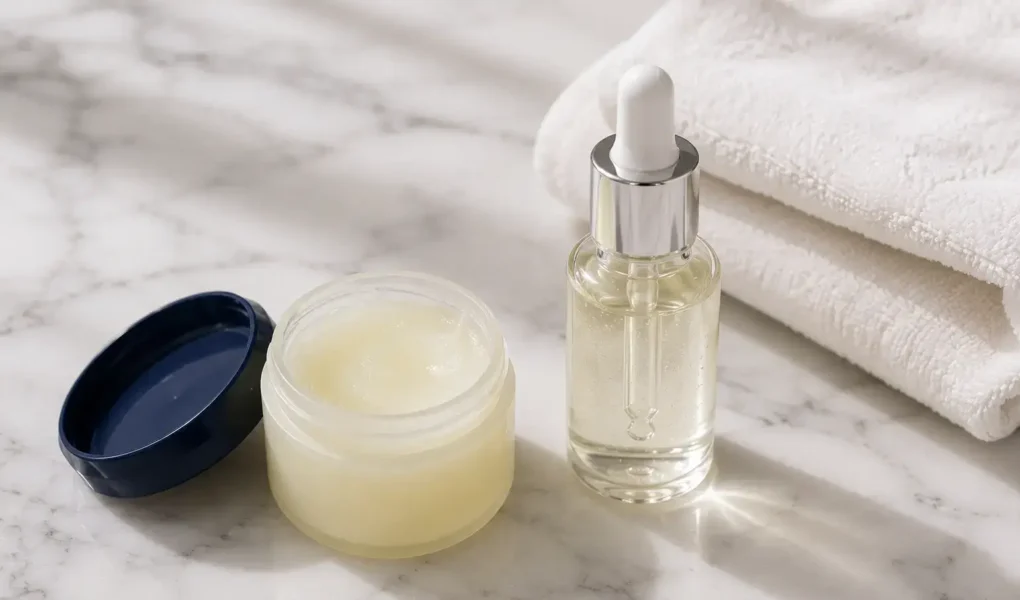 petroleum jelly and serum skincare flat lay for dry skin - yes or no to slugging.