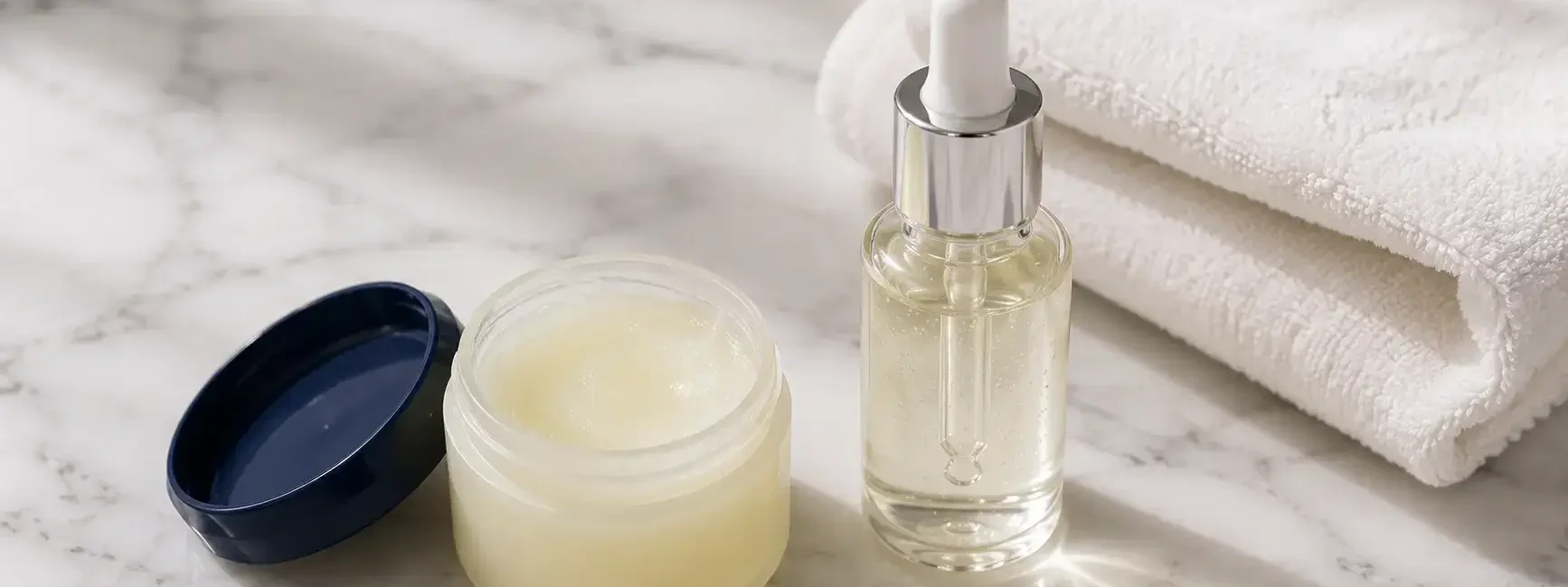 petroleum jelly and serum skincare flat lay for dry skin - yes or no to slugging.