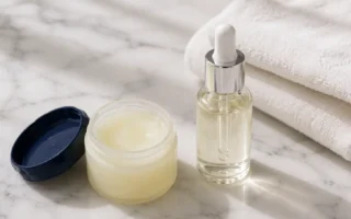 petroleum jelly and serum skincare flat lay for dry skin - yes or no to slugging.