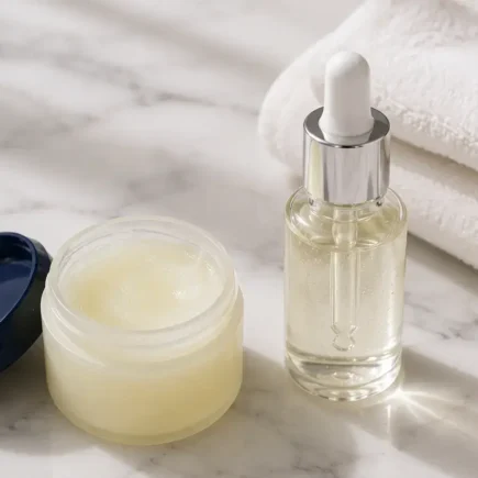 petroleum jelly and serum skincare flat lay for dry skin - yes or no to slugging.