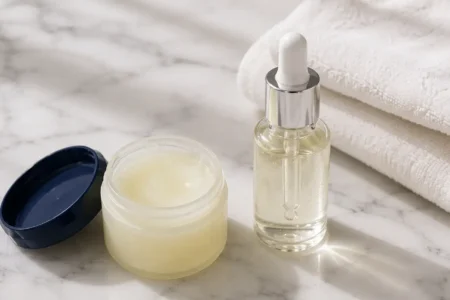 petroleum jelly and serum skincare flat lay for dry skin - yes or no to slugging.