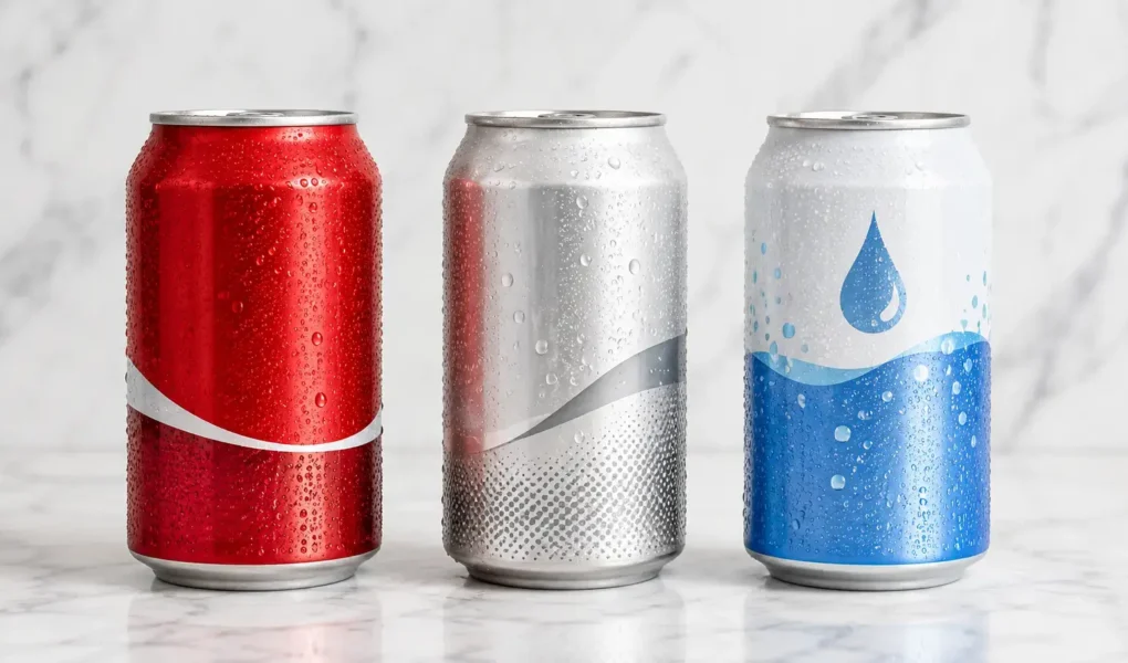 A flat lay of three different canned drinks — one regular soda, one diet, one sparkling water — arranged side by side on a light marble surface with condensation visible. Clean, comparative, natural light. No text overlays.yes or no to sugar-free drinks.