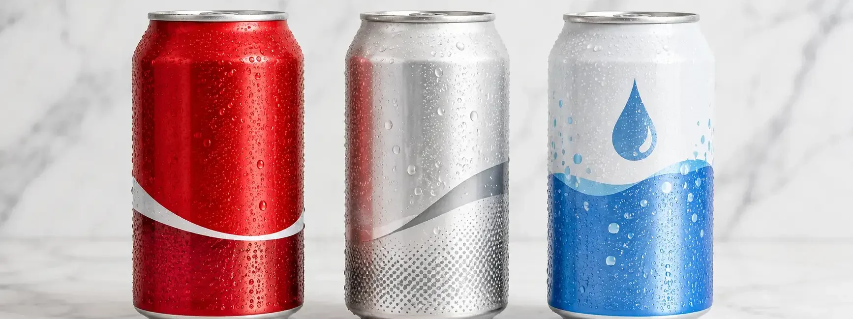 A flat lay of three different canned drinks — one regular soda, one diet, one sparkling water — arranged side by side on a light marble surface with condensation visible. Clean, comparative, natural light. No text overlays.yes or no to sugar-free drinks.