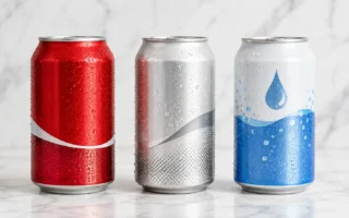 A flat lay of three different canned drinks — one regular soda, one diet, one sparkling water — arranged side by side on a light marble surface with condensation visible. Clean, comparative, natural light. No text overlays.yes or no to sugar-free drinks.