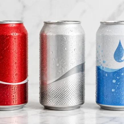 A flat lay of three different canned drinks — one regular soda, one diet, one sparkling water — arranged side by side on a light marble surface with condensation visible. Clean, comparative, natural light. No text overlays.yes or no to sugar-free drinks.