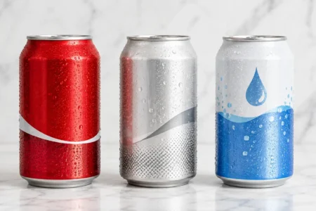 A flat lay of three different canned drinks — one regular soda, one diet, one sparkling water — arranged side by side on a light marble surface with condensation visible. Clean, comparative, natural light. No text overlays.yes or no to sugar-free drinks.