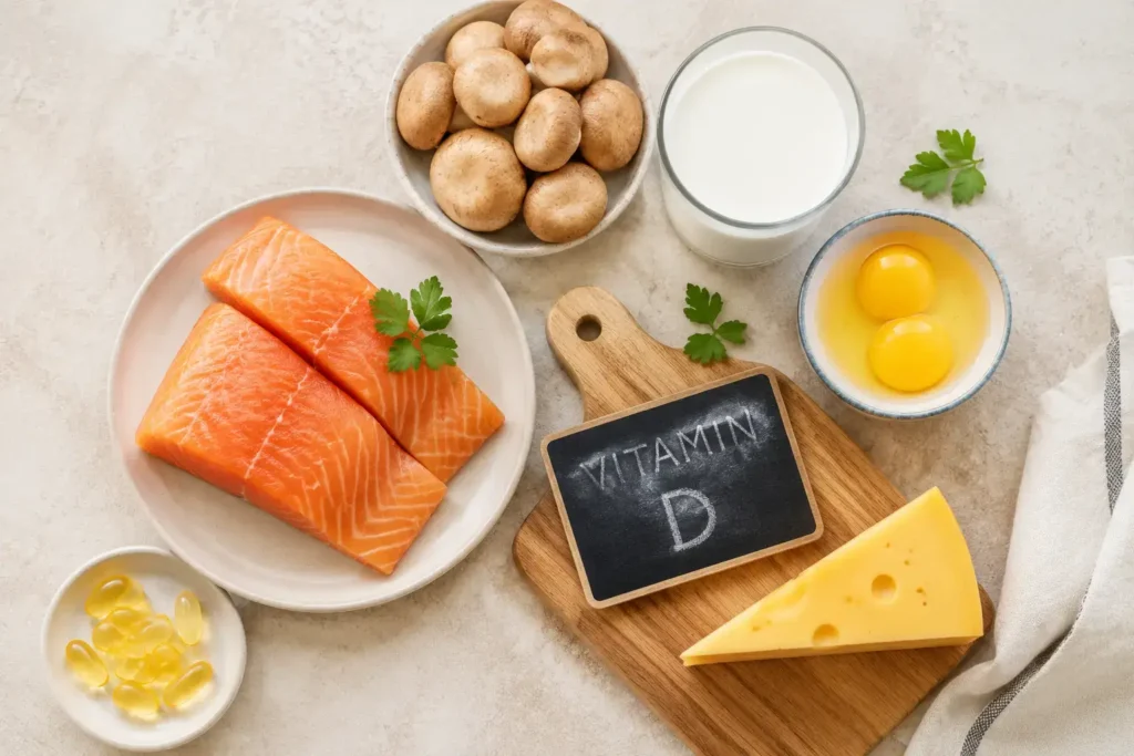 Top-down flat lay of vitamin D–rich foods including salmon, mushrooms, egg yolks, milk, cheese, and fortified items arranged neatly on a light neutral surface under natural daylight, representing diet-based vitamin D sources — vitamin D rich foods and supplements - YesVsNo.net.