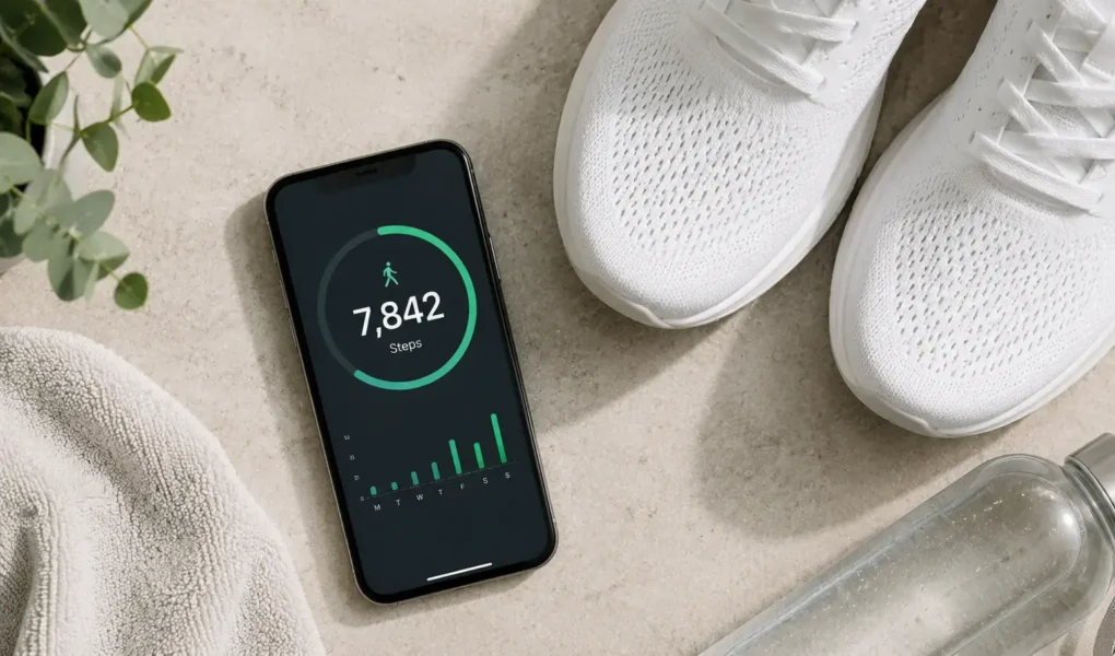 A flat lay of a smartphone showing a step counter at 7,842 steps, a pair of white sneakers beside it, and a small water bottle on a light neutral surface. Clean, minimal, natural light. No text overlays.yes or no to walking 10000 steps daily.