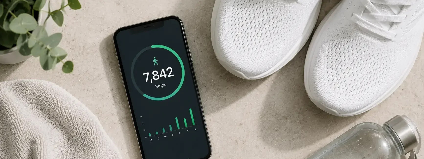 A flat lay of a smartphone showing a step counter at 7,842 steps, a pair of white sneakers beside it, and a small water bottle on a light neutral surface. Clean, minimal, natural light. No text overlays.yes or no to walking 10000 steps daily.