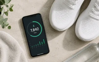 A flat lay of a smartphone showing a step counter at 7,842 steps, a pair of white sneakers beside it, and a small water bottle on a light neutral surface. Clean, minimal, natural light. No text overlays.yes or no to walking 10000 steps daily.