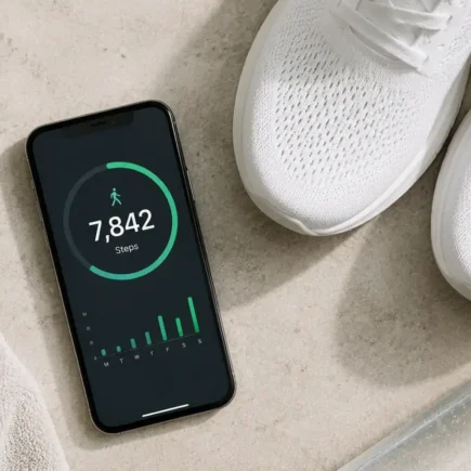A flat lay of a smartphone showing a step counter at 7,842 steps, a pair of white sneakers beside it, and a small water bottle on a light neutral surface. Clean, minimal, natural light. No text overlays.yes or no to walking 10000 steps daily.
